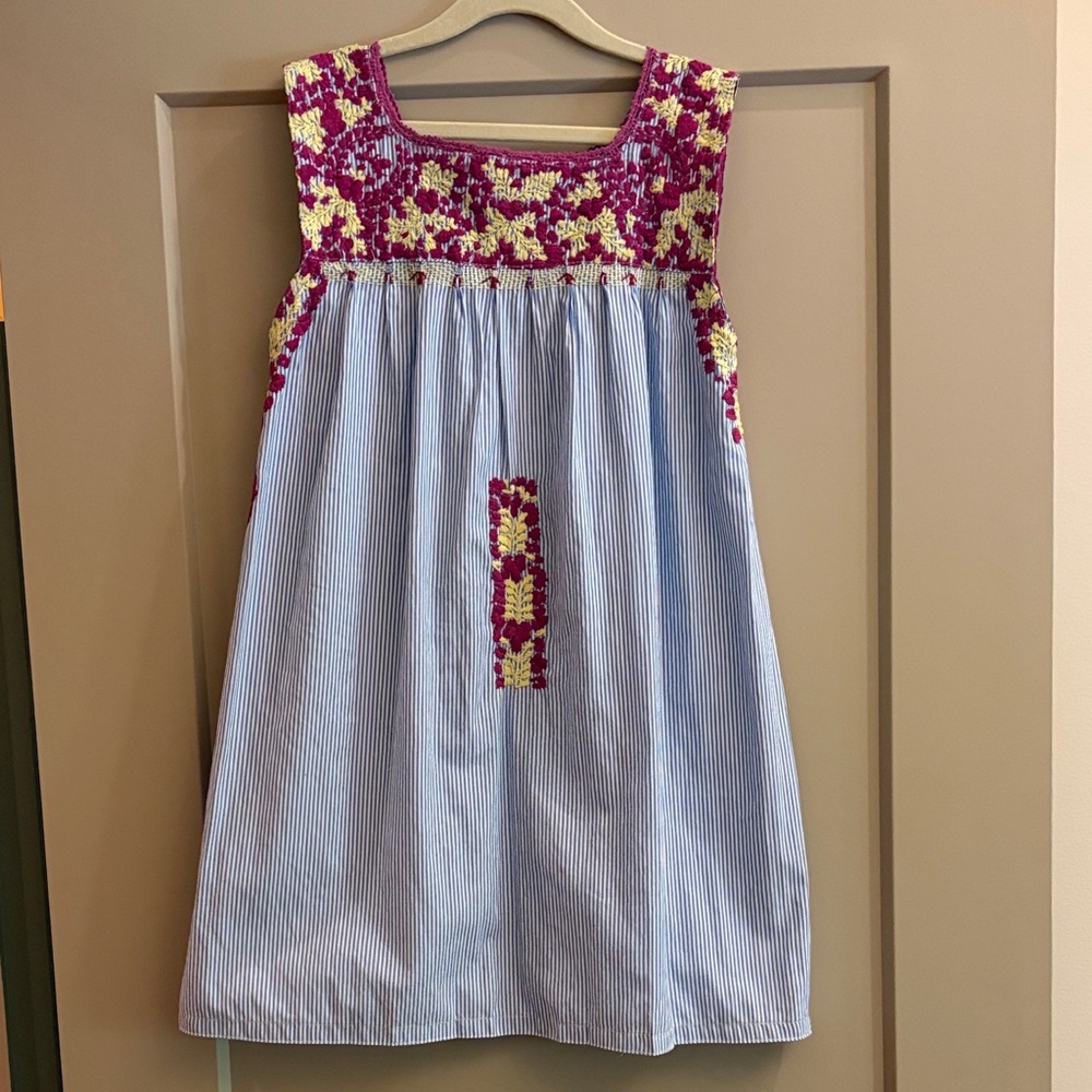 Mi Golondrina Girls' Blue Stripe Dress with Purple & Yellow Floral Embroidery -8